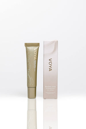 Bright Eyes Regenerating Eye Cream | VOYA in a sleek gold tube with matching box, designed for skincare and eye care to enhance wellness and rejuvenation.