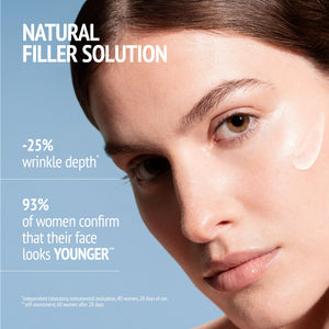 Close-up of a woman's face with clear skin applying a natural filler solution cream, highlighting benefits of reducing wrinkle depth and promoting a younger appearance, promoting Kit Italian Garden | [ comfort zone ] skincare.