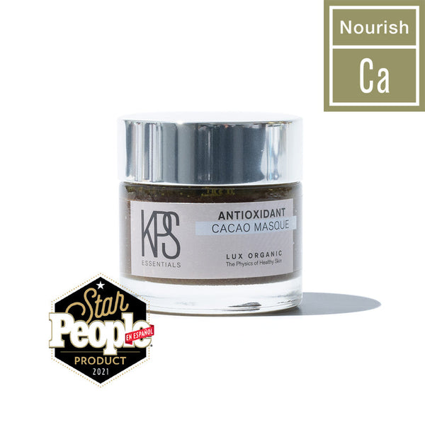 Jar of Antioxidant Cacao Mask | Kindness Powered Skincare with silver lid, featuring Nourish calcium symbol and Star People Product 2021 award badge, on white background.