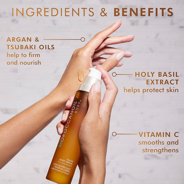 Hands applying Night Body Serum | Moroccanoil with text highlighting key ingredients and benefits including argan and tsubaki oils for firming, holy basil extract for skin protection, and vitamin C for smoothing and strengthening skin.