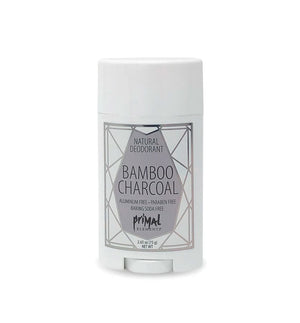 Natural Deodorant 2.65 oz. - BAMBOO CHARCOAL | Primal Elements in a white stick container with silver geometric label, featuring aluminum-free and paraben-free body care for skincare wellness.
