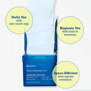 Blue Teca Cooling Pad | Leaders container open with cooling pads partially pulled out, highlighting daily use one-touch cap, built-in tweezers for hygienic handling, and compact square design for space efficiency.