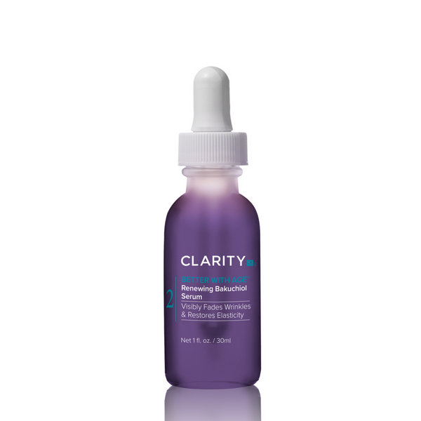 Bottle of Better With Age™ Renewing Bakuchiol Serum | ClarityRX in a purple frosted glass with white dropper cap, designed for skincare to visibly fade wrinkles and restore elasticity.