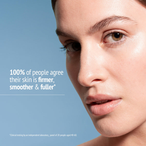 Close-up of a woman with smooth, glowing skin next to text highlighting that 100% of people agree their skin is firmer, smoother, and fuller using Sublime Skin Lift & Firm Ampoules | [ comfort zone ].