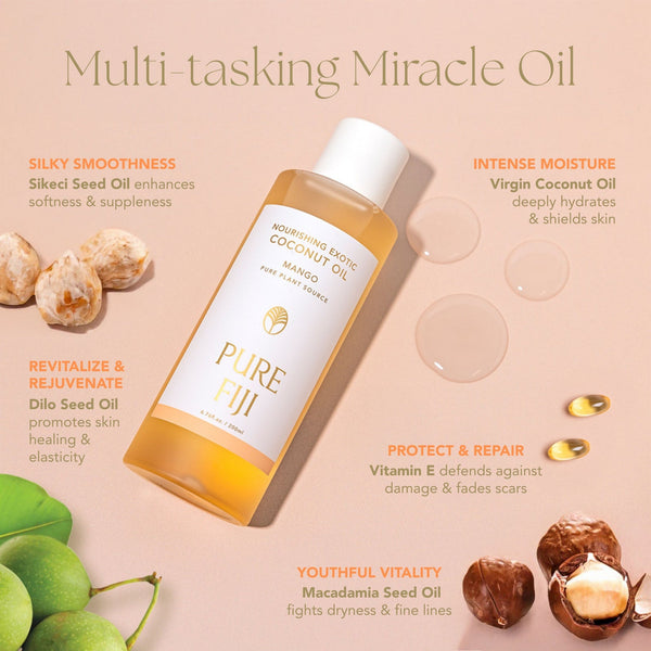 Bottle of Nourishing Exotic Coconut Oil | Pure Fiji surrounded by natural ingredients like macadamia nuts and seeds, with text highlighting its skincare benefits including intense moisture and skin repair.