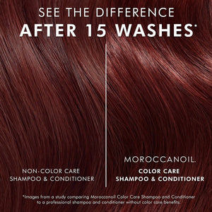 Close-up comparison of hair showing visible improvement in color vibrancy and shine after 15 washes using Color Care Shampoo - Travel | Moroccanoil versus non-color care shampoo and conditioner.