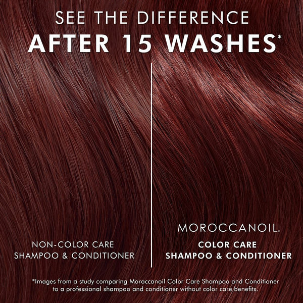 Close-up comparison of hair showing visible improvement in color vibrancy and shine after 15 washes using Color Care Shampoo - Travel | Moroccanoil versus non-color care shampoo and conditioner.