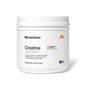 White container of Creatine - 90 Servings dietary supplement by Momentous, designed to support cognitive and muscle performance with high purity creatine monohydrate powder.