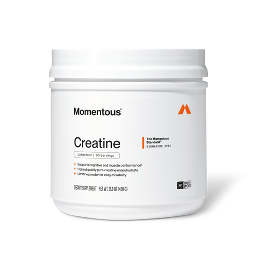 White container of Creatine - 90 Servings dietary supplement by Momentous, designed to support cognitive and muscle performance with high purity creatine monohydrate powder.
