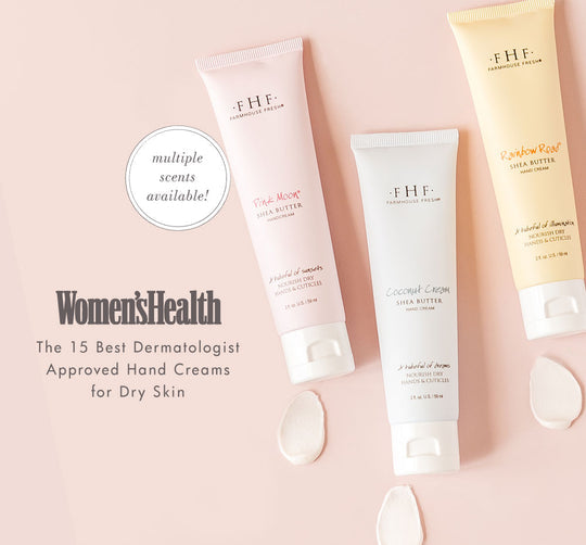 Three tubes of Marshmallow Melt Hand Cream | Farmhouse Fresh in pink, white, and yellow packaging displayed with cream swatches on a light pink background, promoting dermatologist-approved hand creams for dry skin.