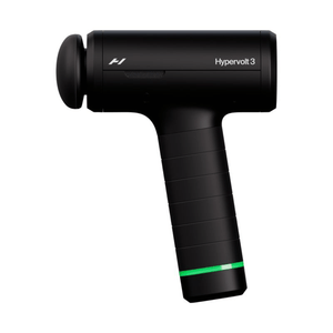 Black handheld percussion massage device with a rounded attachment and green light ring near the base, labeled Hypervolt 3 | Hyperice for muscle recovery and wellness.