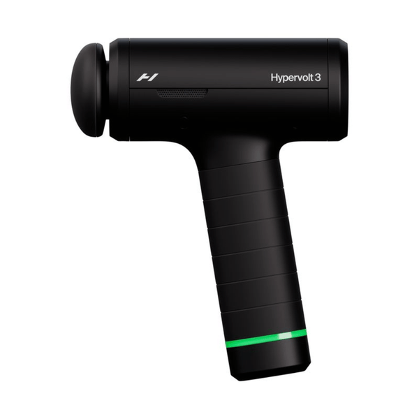 Black handheld percussion massage device with a rounded attachment and green light ring near the base, labeled Hypervolt 3 | Hyperice for muscle recovery and wellness.
