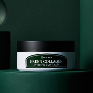 Green Collagen Wide Fit Eye Patch | Leaders skincare product container with a black lid on a dark green textured surface, showcasing a wellness supplement for eye care.
