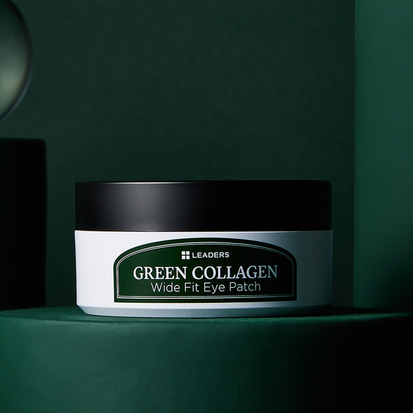 Green Collagen Wide Fit Eye Patch | Leaders skincare product container with a black lid on a dark green textured surface, showcasing a wellness supplement for eye care.