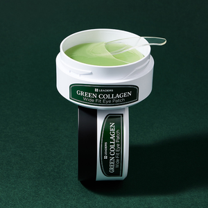 Open container of green gel with spatula and a closed jar of Green Collagen Wide Fit Eye Patch | Leaders packaging on dark green background, highlighting skincare product for eye care.