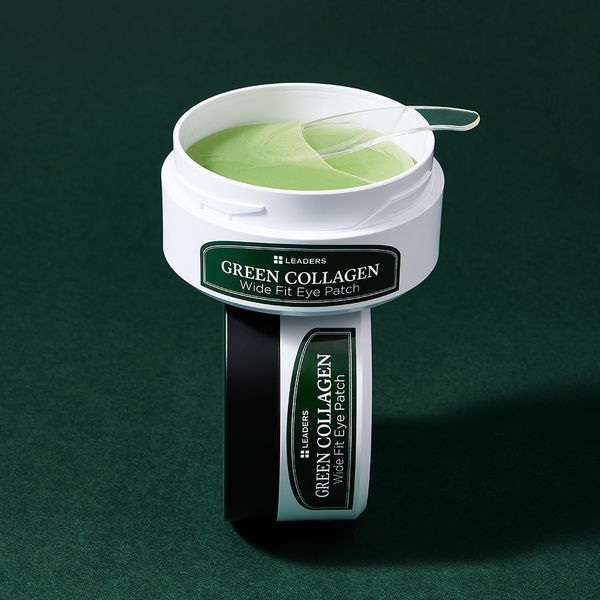 Open container of green gel with spatula and a closed jar of Green Collagen Wide Fit Eye Patch | Leaders packaging on dark green background, highlighting skincare product for eye care.