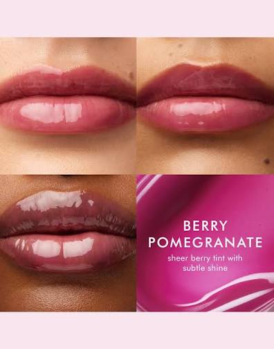 Close-up collage of lips wearing a sheer berry tint with subtle shine, demonstrating the shade Berry Pomegranate from Argan Butter Lip Balm | Moroccanoil, a skincare lip product.