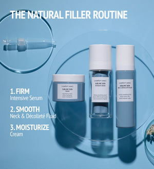 Sublime Skin Lift & Firm Ampoules | [ comfort zone ] displayed with intensive serum, neck and décolleté fluid, and cream on blue surface for skincare routine.