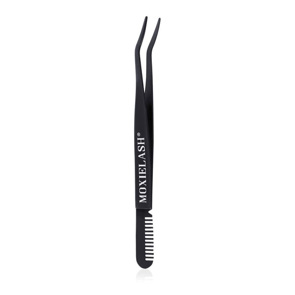 Black precision lash applicator tool with angled tips and comb end, branded with MOXIELASH, representing Lash Applicator - Rose Gold | Moxielash for beauty and eyelash extension use.