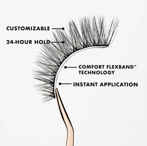 Close-up of a false eyelash held by tweezers highlighting features like customizable fit, 24-hour hold, Comfort FlexBand™ technology, and instant application for Lashies™ - Wifey - On The Go | Moxielash.