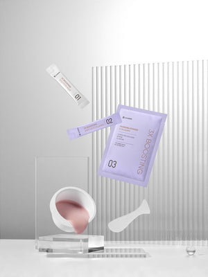 3X Boosting Modeling Mask - Collagen | Leaders displayed with individual numbered sachets and pink creamy mask in a white bowl with spatula, set against a modern, minimalist background.