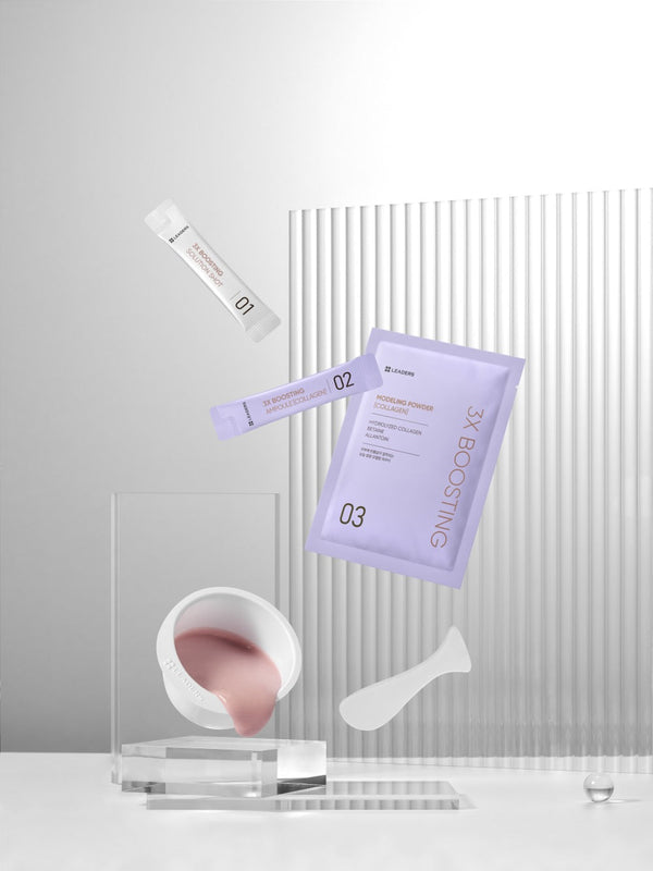 3X Boosting Modeling Mask - Collagen | Leaders displayed with individual numbered sachets and pink creamy mask in a white bowl with spatula, set against a modern, minimalist background.
