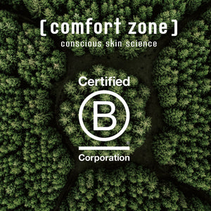 Aerial view of a dense green forest with the text "Certified B Corporation" and "Remedy Cream | [ comfort zone ]" highlighting conscious skin science and sustainable skincare.