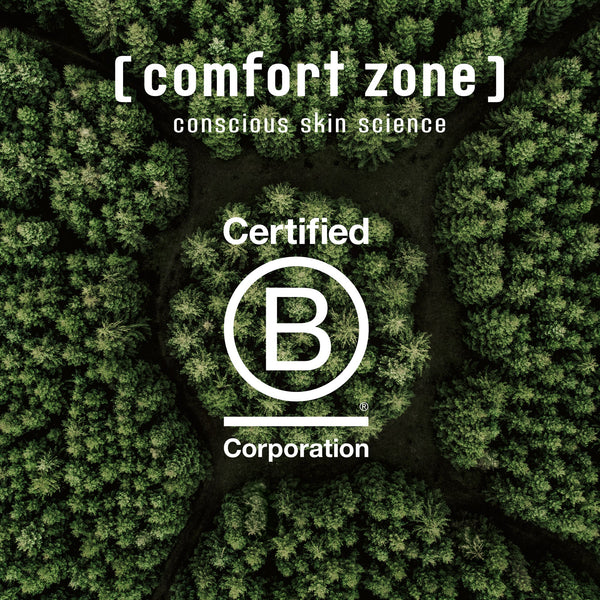 Aerial view of a dense green forest with the text "Certified B Corporation" and "Remedy Cream | [ comfort zone ]" highlighting conscious skin science and sustainable skincare.