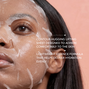 Close-up of a woman wearing the PDRN 0.5% Lifting Mask | Leaders, a contour-hugging sheet mask with a lightweight essence formula that provides even hydration and comfort on the skin.
