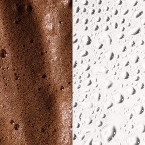 Close-up comparison of brown foamy self-tanning mousse and clear moisturizing droplets representing hydration for the Self Tan Travel Kit | NUDA skincare product.