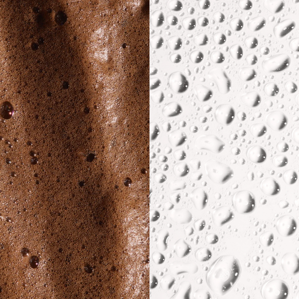 Close-up comparison of brown foamy self-tanning mousse and clear moisturizing droplets representing hydration for the Self Tan Travel Kit | NUDA skincare product.