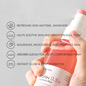 Hand holding a bottle of PDRN 0.5% Ampoule Mist | Leaders with text highlighting its benefits to refresh, soothe, brighten, nourish, moisturize, protect skin, and provide instant glow and deep hydration.