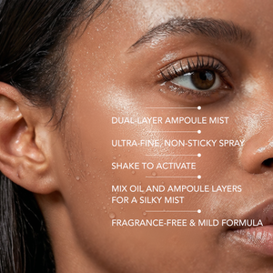 Close-up of a person’s face with dewy skin, featuring text highlighting features of PDRN 0.5% Ampoule Mist | Leaders including dual-layer formula, ultra-fine non-sticky spray, shake to activate, and fragrance-free mild formula for skincare.
