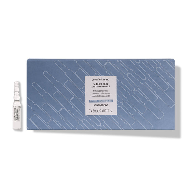 Box of Sublime Skin Lift & Firm Ampoules | [ comfort zone ] with one visible ampoule beside it, designed for skincare and anti-aging treatment in a sleek blue packaging.