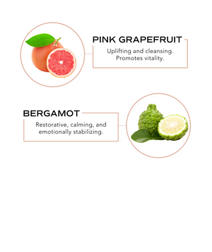 Close-up images of pink grapefruit and bergamot fruits highlighting their benefits of uplifting, cleansing, and emotional stabilization for Aromatherapy Shower Mist | Essence One.