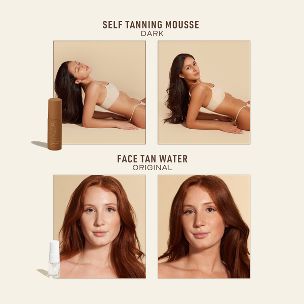 Before and after images showing the effects of Self Tan Travel Kit | NUDA with dark self tanning mousse on body and original face tan water on face, highlighting natural-looking tan results.