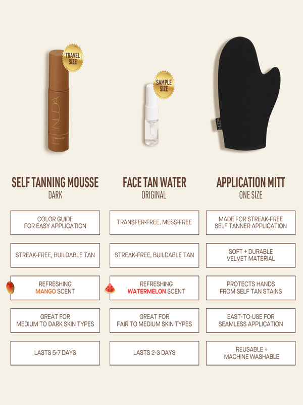 Self Tan Travel Kit | NUDA featuring dark self tanning mousse with mango scent, original face tan water with watermelon scent, and a soft black application mitt for streak-free, reusable tanning.