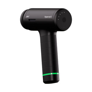 Black handheld percussion massage device with ergonomic grip and green accent ring, designed for muscle recovery and wellness, named Hypervolt 3 | Hyperice.