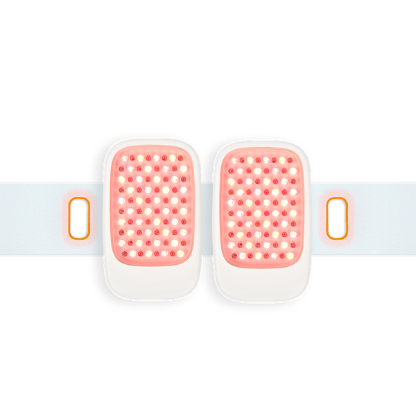 Close-up of the Recovery Loop | LightStim device with dual rectangular light panels emitting red and near-infrared LEDs on a white adjustable strap for targeted skincare and wellness therapy.
