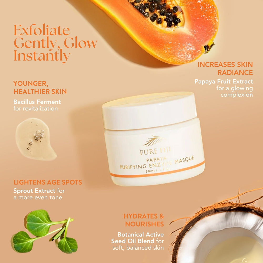 A jar of Papaya Purifying Enzyme Masque | Pure Fiji on a pink surface, accompanied by a soft cosmetic brush and a white cloth, highlighting skincare and wellness.