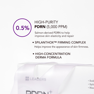 Text highlighting key ingredients and benefits of PDRN+ Rejuvenate Gel Mask | Leaders, including 0.5% high-purity PDRN for skin elasticity, Spilanthox firming complex, and high-concentration derma formula.