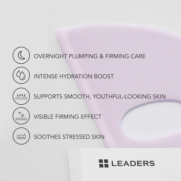 PDRN+ Rejuvenate Gel Mask | Leaders showing key benefits including overnight plumping and firming care, intense hydration boost, smooth youthful skin support, visible firming effect, and soothing stressed skin.