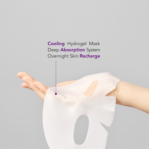 Hand holding a translucent cooling hydrogel face mask with text highlighting deep absorption system and overnight skin recharge for PDRN+ Rejuvenate Gel Mask | Leaders skincare product.