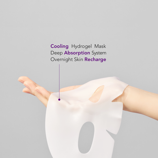 Hand holding a translucent cooling hydrogel face mask with text highlighting deep absorption system and overnight skin recharge for PDRN+ Rejuvenate Gel Mask | Leaders skincare product.