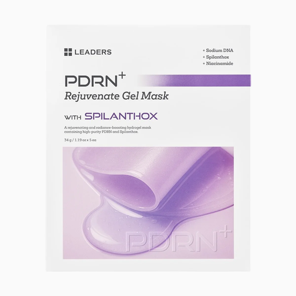 PDRN+ Rejuvenate Gel Mask | Leaders package with purple hydrogel mask featuring ingredients Sodium DNA, Spilanthox, and Niacinamide for skincare and radiance boosting.