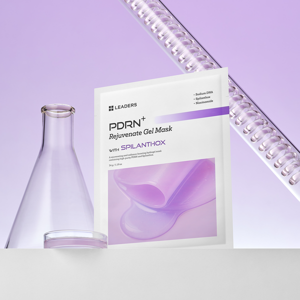 PDRN+ Rejuvenate Gel Mask | Leaders packaging displayed with laboratory glassware and a coiled transparent tube, set against a soft purple background, highlighting skincare innovation.