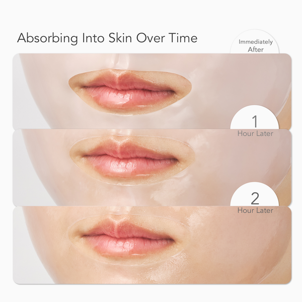 Close-up sequence showing the PDRN+ Rejuvenate Gel Mask | Leaders absorbing into the skin around the lips over time, from immediately after application to two hours later.