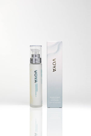 Pearlesque Hydrating Moisturiser | VOYA in a clear frosted pump bottle alongside its white and silver elegant packaging, highlighting skincare and hydration.