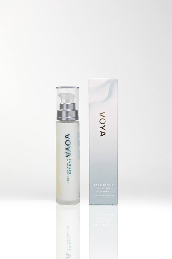 Pearlesque Hydrating Moisturiser | VOYA in a clear frosted pump bottle alongside its white and silver elegant packaging, highlighting skincare and hydration.