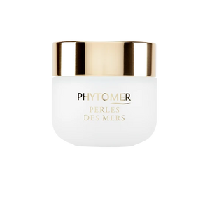 Jar of Perles Des Mers Longevity Cream | Phytomer with a white body and shiny gold lid, showcasing skincare and body care luxury product packaging.
